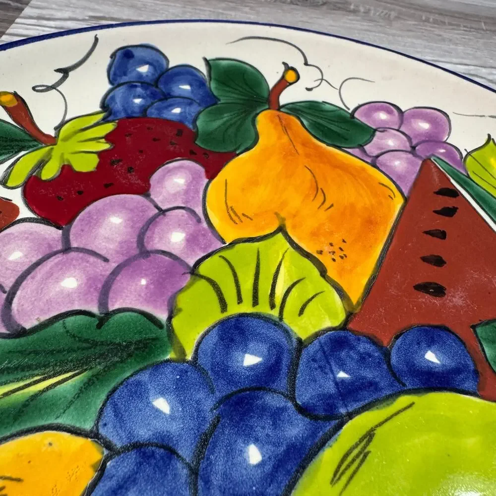 Vintage Mexican Wall Hanging Plate Signed Hand Painted Fruit 11.5” Tuscan Decor